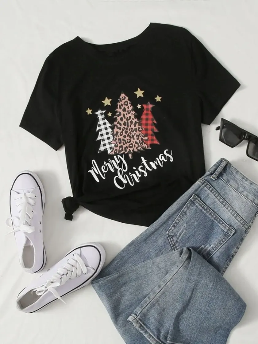 Fashion Christmas Print Short Sleeve Tee | SHEIN USA