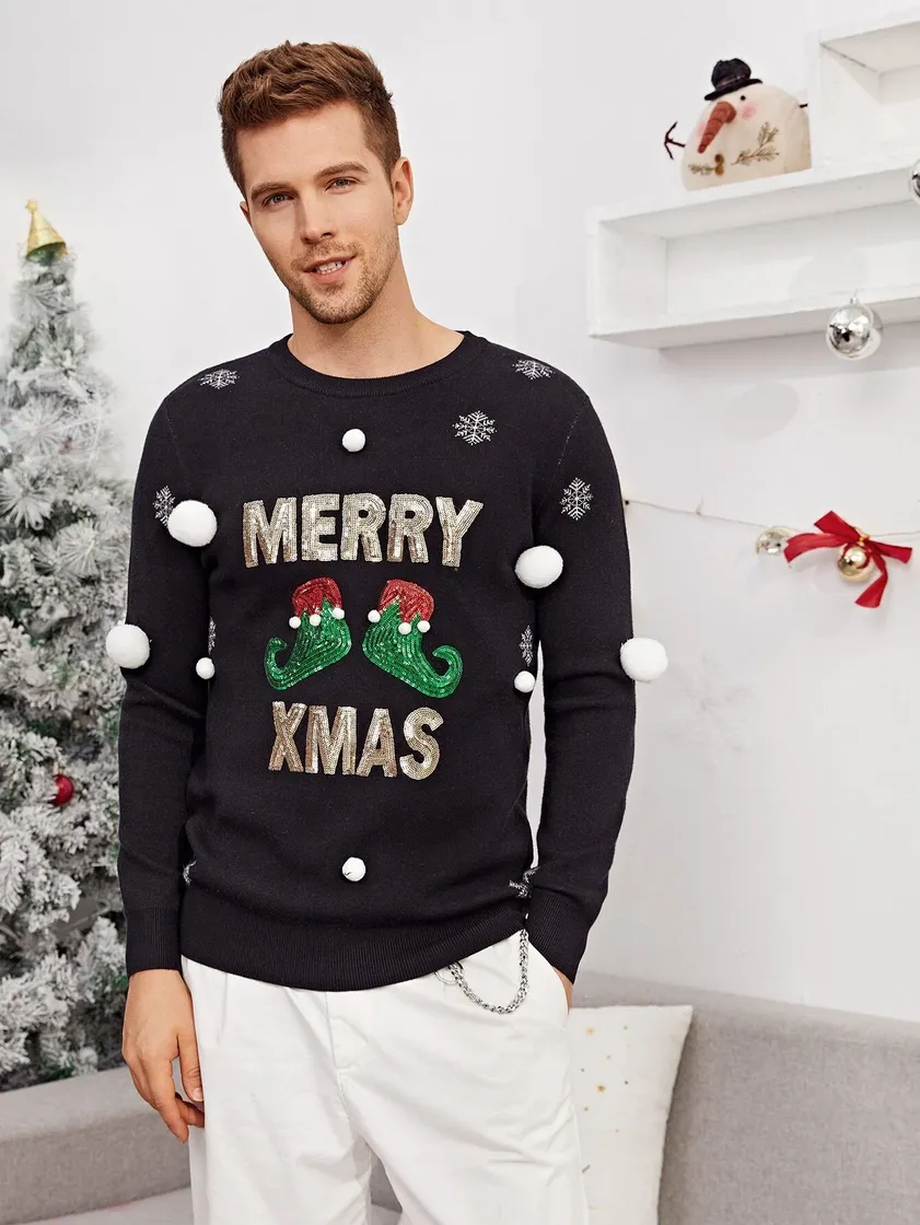 Fashion Men Pom Pom Detail Sequin Christmas Patched Sweater | SHEIN ...