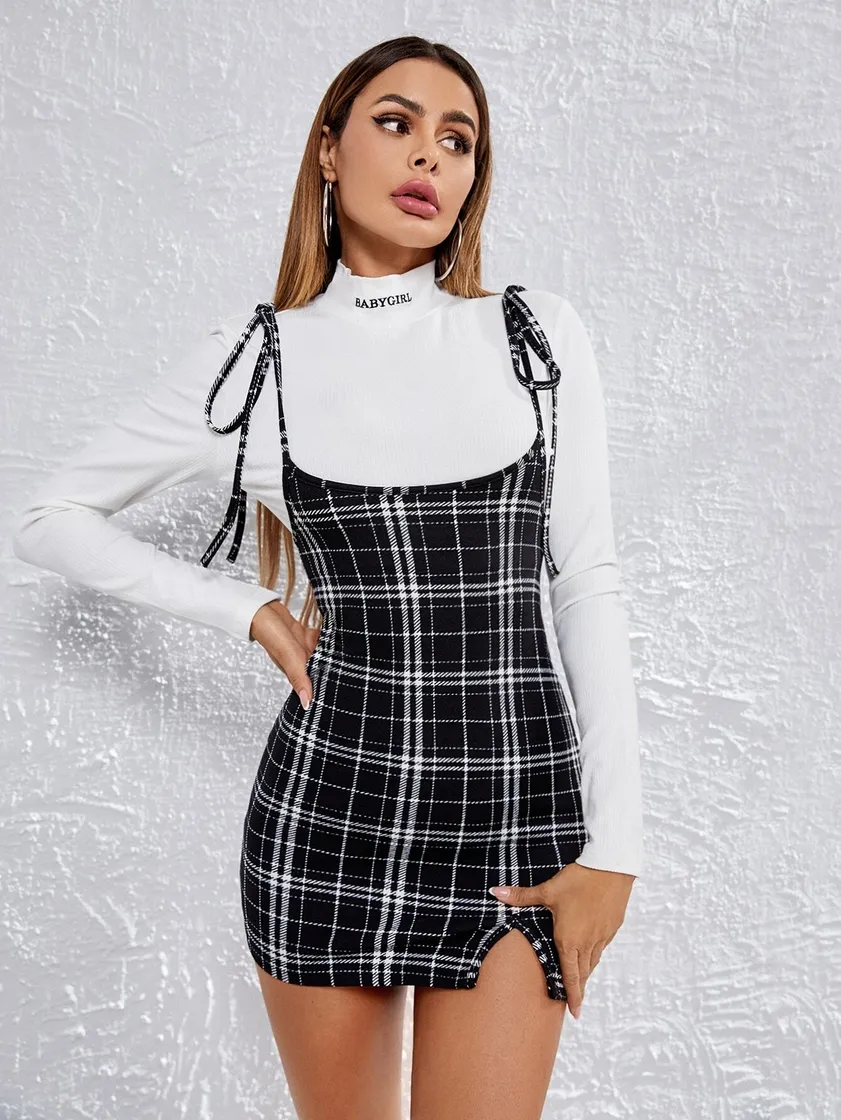 Moda Knot Shoulder Split Hem Plaid Overall Dress | SHEIN USA