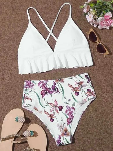 Floral Ruffle Hem High Waisted Bikini Swimsuit | SHEIN EUR