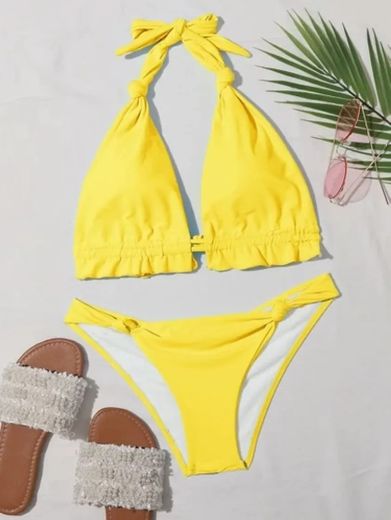 Knot Detail Halter Triangle Bikini Swimsuit | SHEIN USA