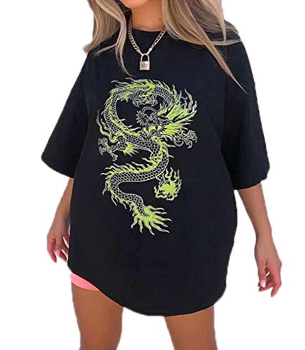 Fashion Camiseta con Estampado de dragón de Moda para Mujer Camisetas de Manga Corta Suelta de Estilo Hip Hop de Estilo Rock