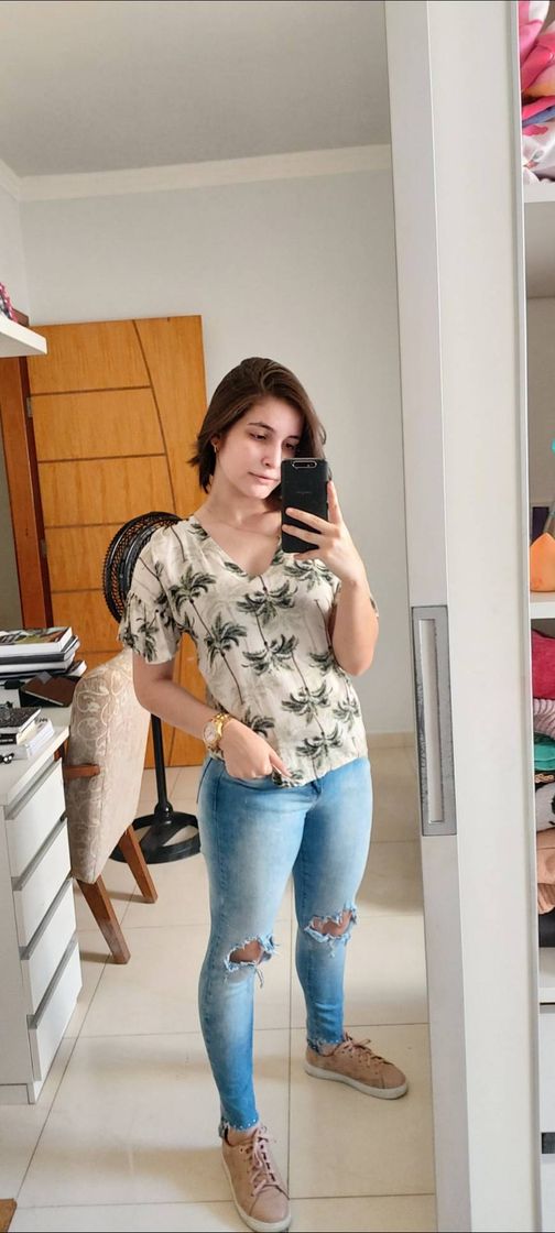 Moda Camisa com folhas básica e despojada