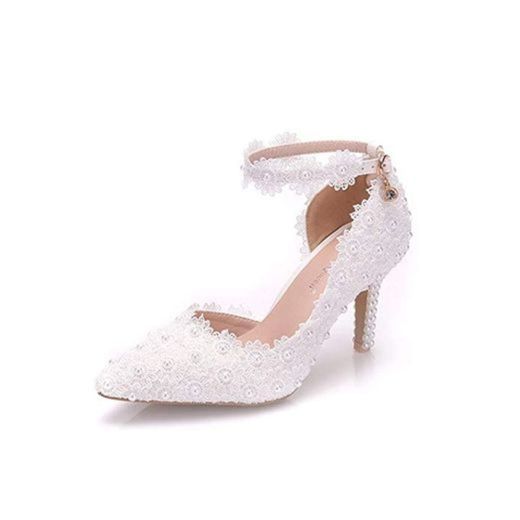 White Lace Flower Wedding Shoes Slip On Pointed Toe Bridal Shoes High Heel Women Pumps Shallow Pointed Toe 8Cm White 35