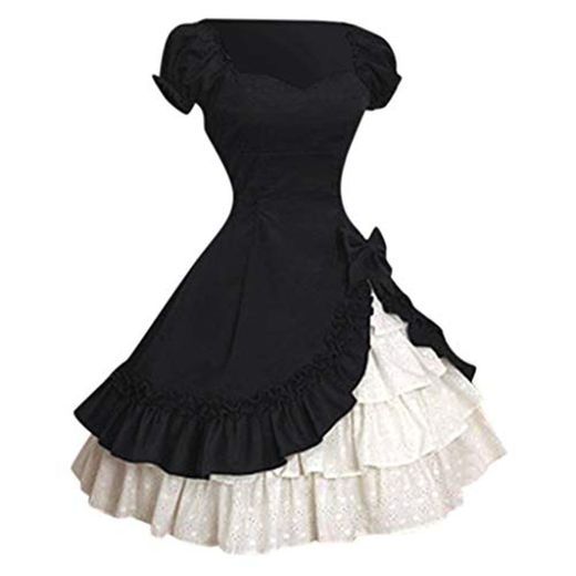 POLP Halloween Mujer Vestidos Princesa Cortos Gótico Medieval Vintage Disfraz Halloween Mujer Talla Grande Falda Princesa Cóctel Plisado Vestidos Manga Corta con Volante