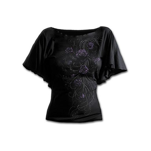 Spiral Direct Entwined-Boat Neck Bat Sleeve Top Camiseta, Negro