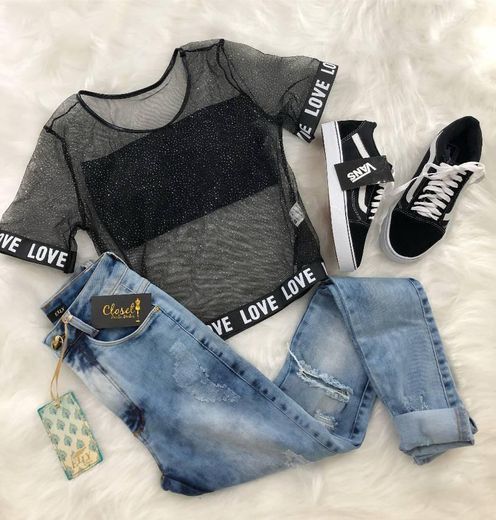 Fashion ♡Calça Jeans/ Blusa transparente com Top/ Tênis Vans ♡ 