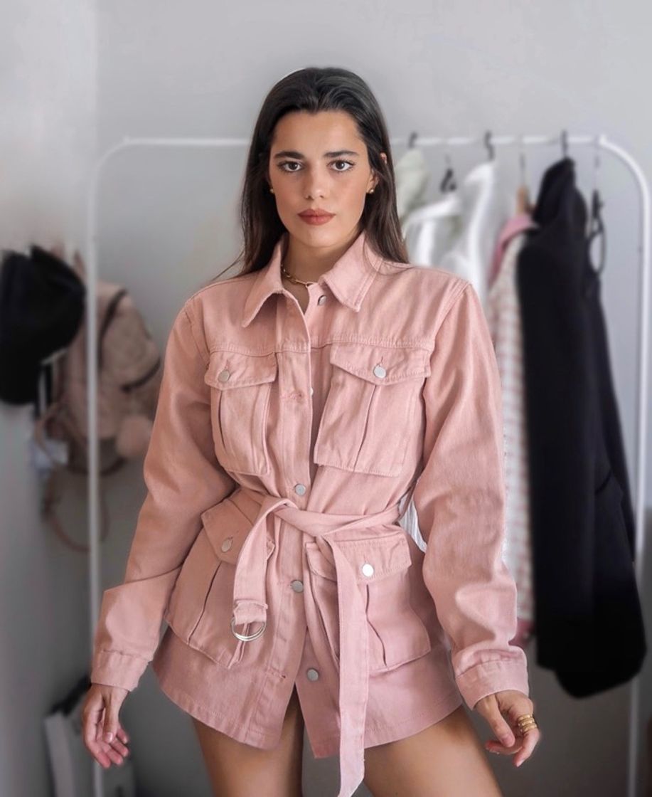 Social Peach Belted Cargo Denim Jacket