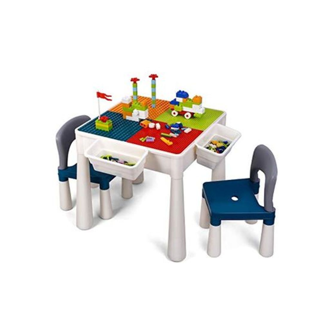 Product amzdeal Juego de Mesa y 2 Sillas Infantiles Mesa de Bloques para Niños Mesa de Actividades Multiusos con Bloques de partículas Grandes y Pequeños Mesa de Estudio Mesa de Comedor Mesa de Juego