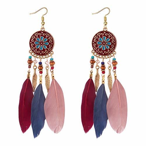 Product YAZILIND Hook Earrings Alloy Round Pendant with Beads Feather Bohemian Ethnic Style