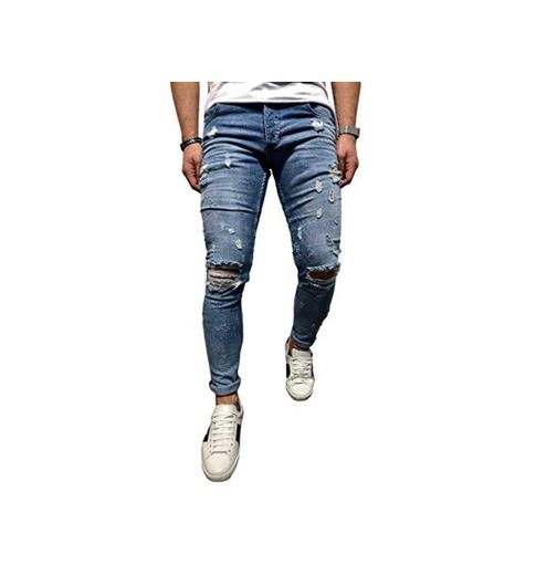 BMEIG Jeans Hombres Rotos Slim Fit Ripped Estiramiento Rodilla Destruido Flaco Denim Apenado Biker Jeans Diseñador Clásico Orificios Hip Hop Pantalones Talla M