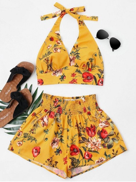 Fashion ZAFUL - Print Halter Top and Shorts Set