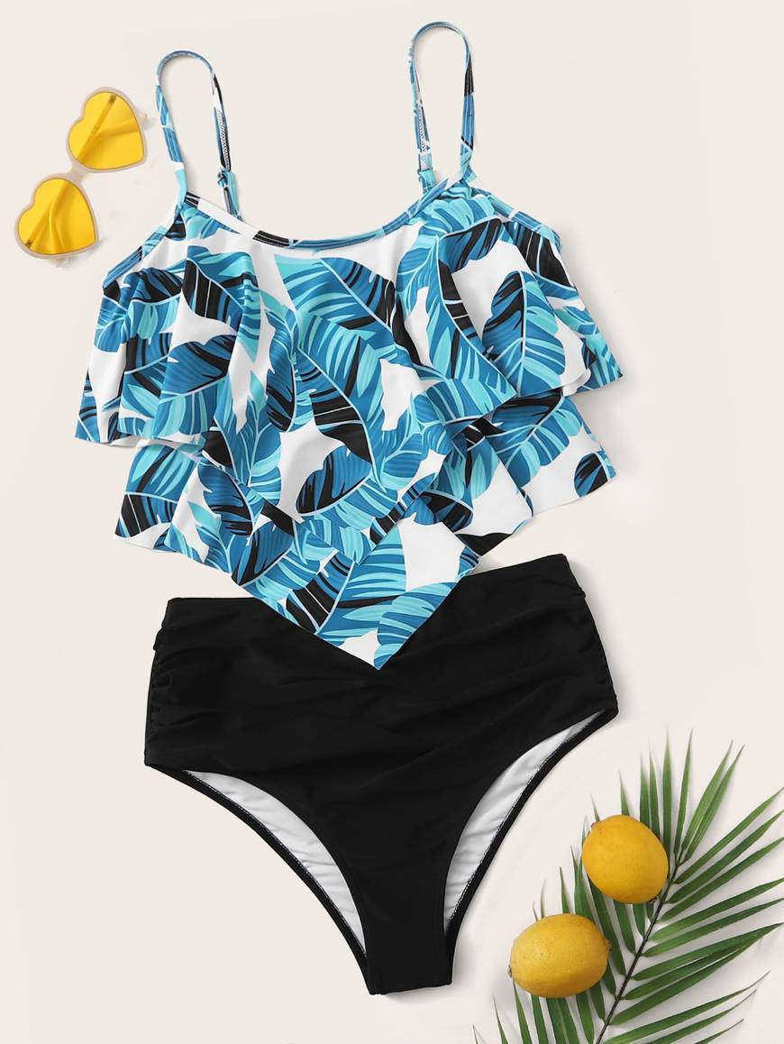 Moda Bañador bikini de cintura alta fruncido tropical