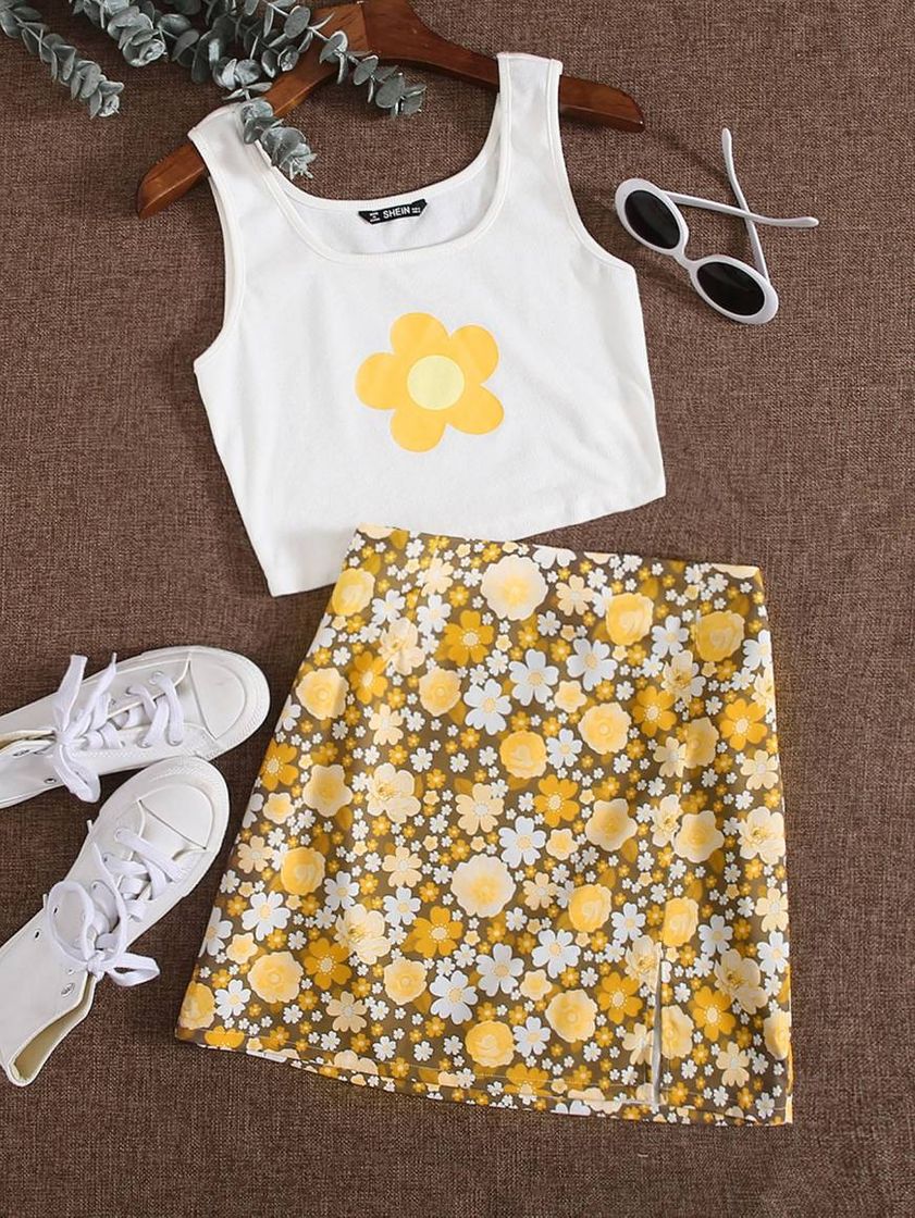 Fashion Conjunto tank top con estampado floral con falda bajo 