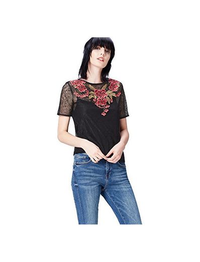 Marca Amazon - find. Blusa de Encaje con Bordado para Mujer, Negro