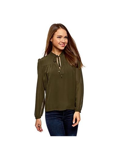 oodji Collection Mujer Blusa Ancha con Lazos en los Puños, Verde, ES