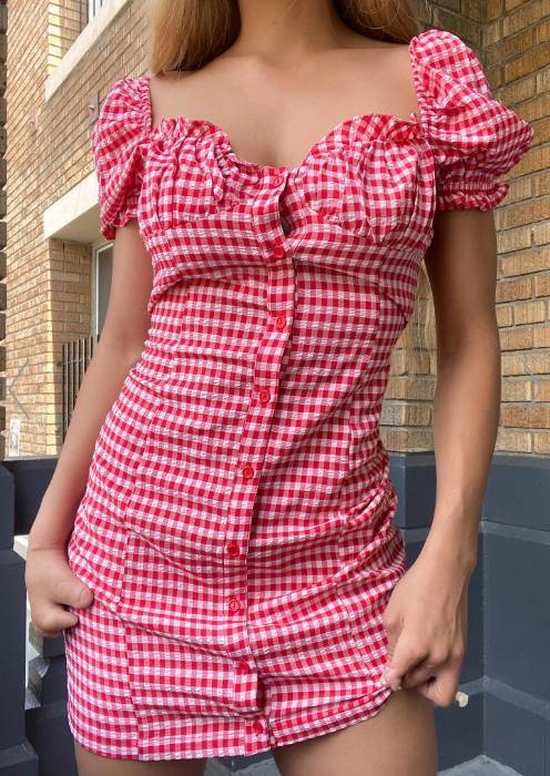 Moda Gingham Mini Dress - White Red | Dolls Kill