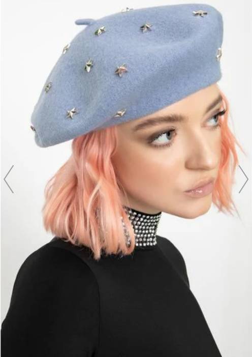 Moda Star Studded Felt Beret - Light Blue Powder | Dolls Kill