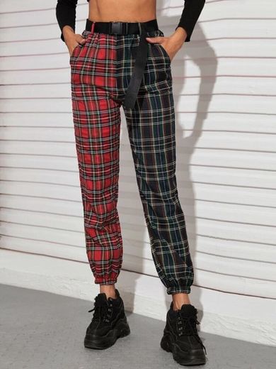 Two Tone Tartan Belted Joggers