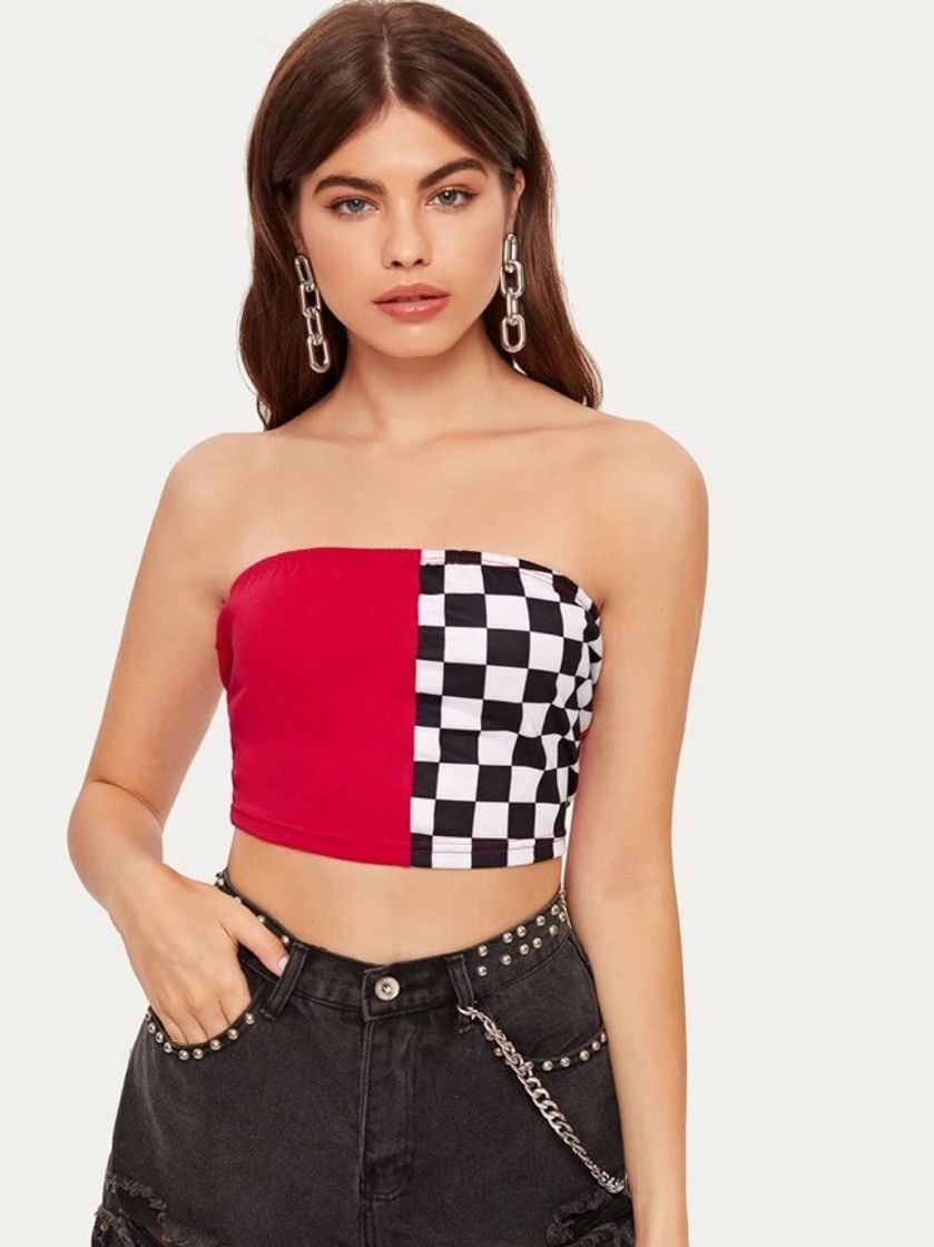 Social Contrast Checkerboard Crop Tube Top