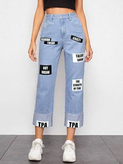 Letter Graphic Roll Hem Cropped Jeans