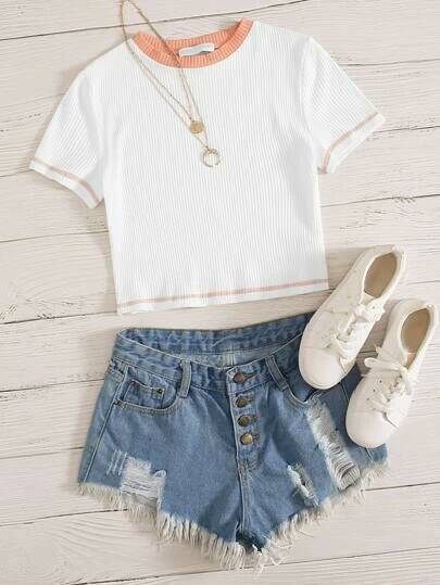 Contrast Trim Ribbed Tee