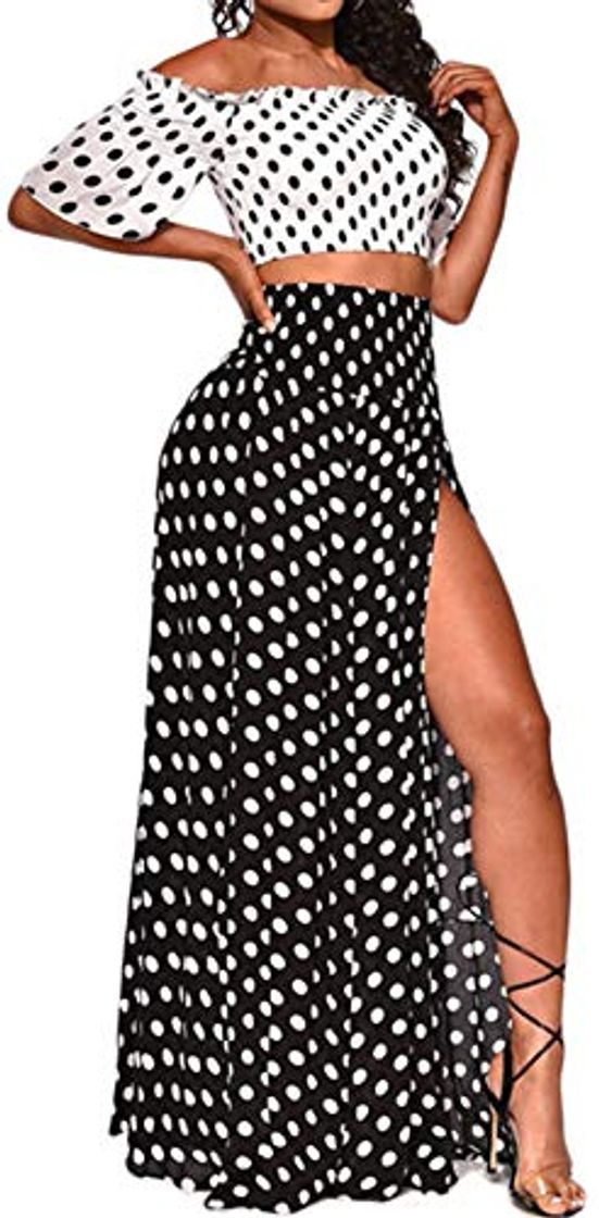 Social Dos 2 Piezas Manga Corta Escote Cuello Bardot Bajo de Volantes Lunares Corta Corto Blusón Blusa Top con Cintura Alto Plisado Larga Largo Maxi en línea Skater Plisado Falda Negro Blanco S