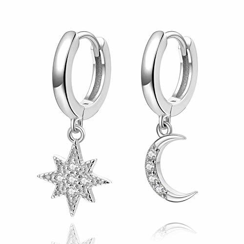 Moda Aretes con forma de argolla Star Moon, pendientes de plata de ley