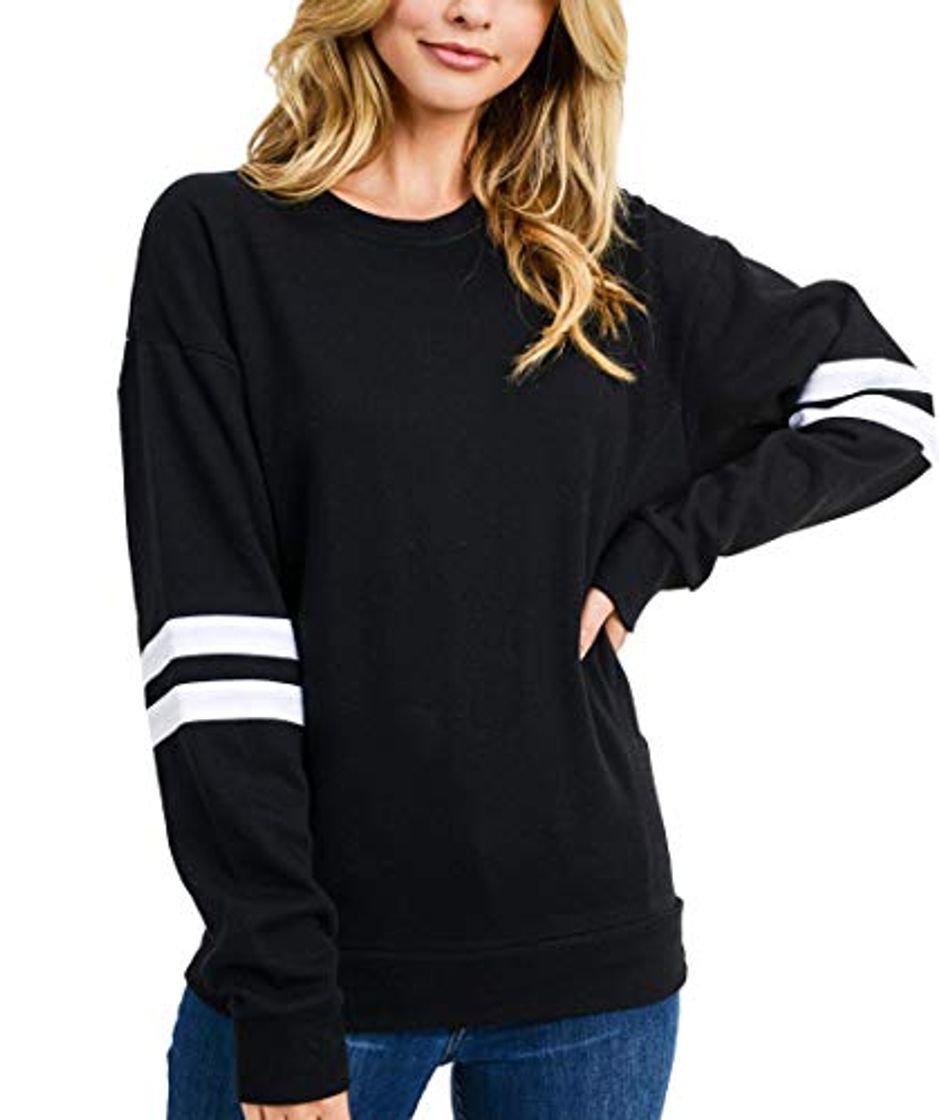 Moda Mujer Sudaderas de Manga Larga Invierno Raya Jerséis Moda Sweatshirt Suéter Pullover Tops Negro Small