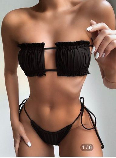 Frill Trim Bandeau Tie Side Bikini Swimsuit | SHEIN USA