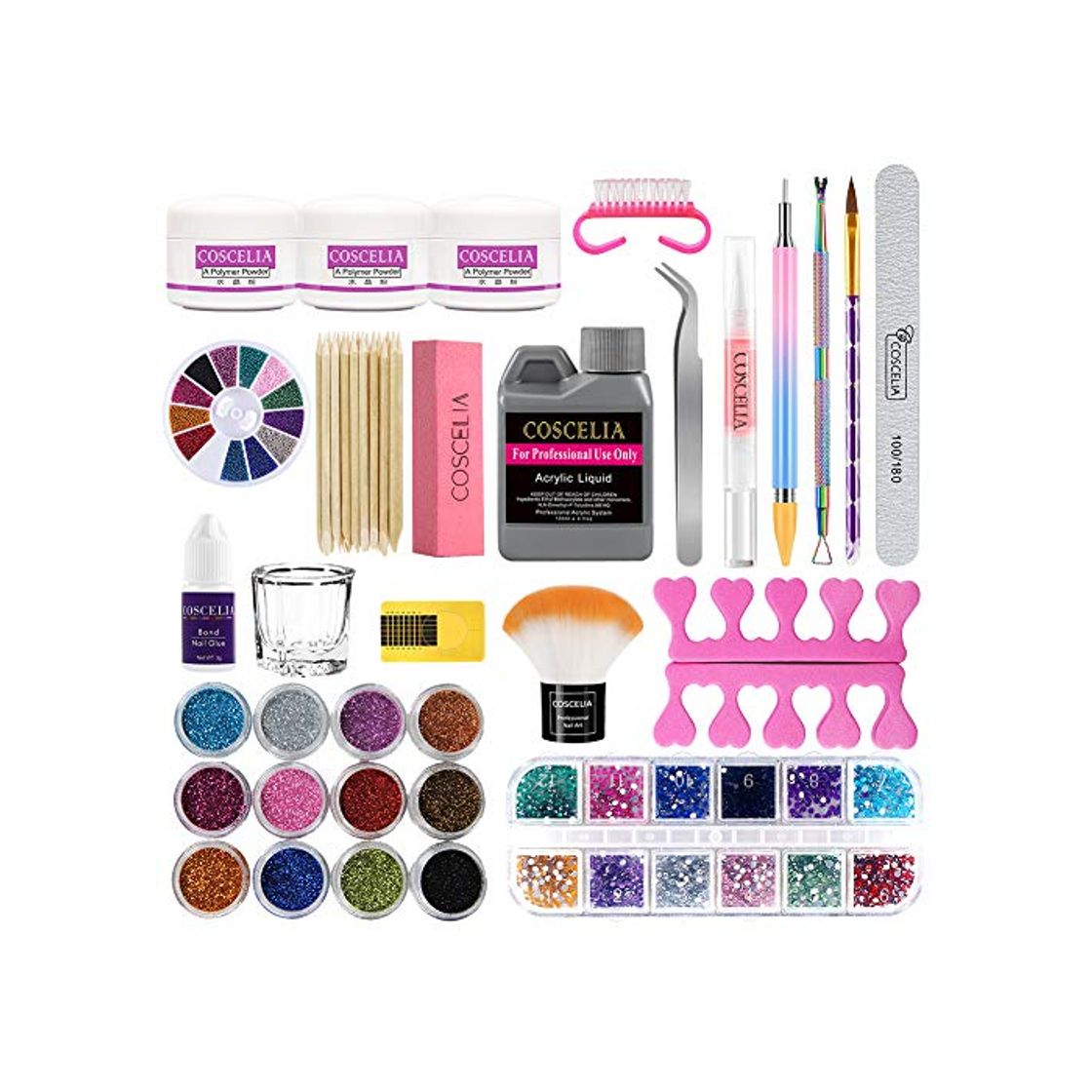 Product Kit Uñas Acrilicas Completo Profesional Kit de Manicura Uñas Acrílicas Accesorios y Decoraciones 12pcs Pedrería Uñas Limas y Acrilico Nail Art