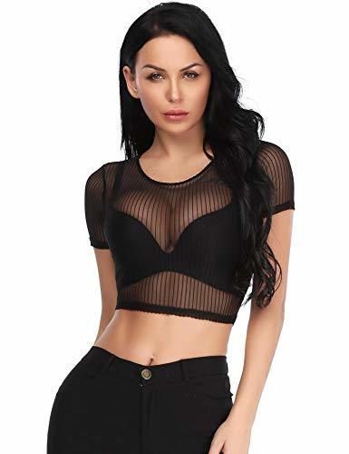 Abollria Mujer Top Corto Transparente Camisetas Casual Manga Corta o Manga Larga