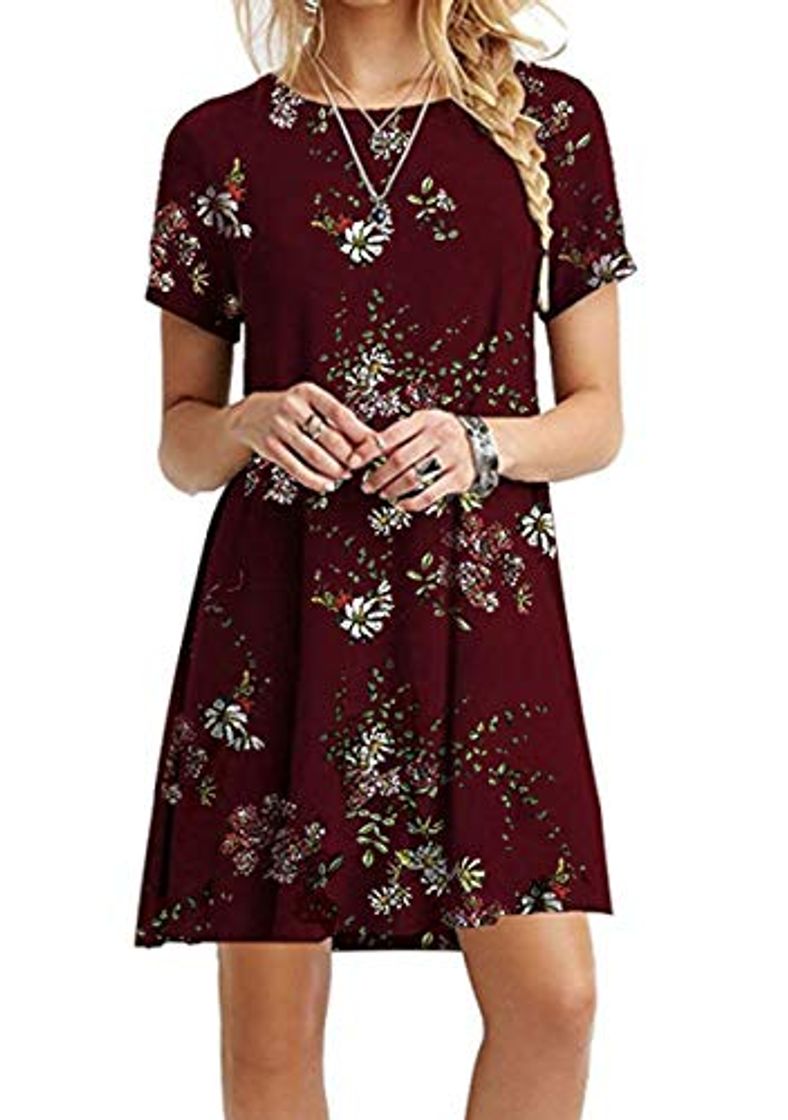 Moda OMZIN Vestido de Mujer Vestido Estampado de Verano Camisa de Manga Corta Vestido de Blusa básica Mini Vestido de túnica Flores de Vino Rojo M