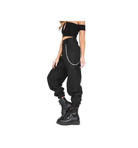 Pantalon con Cadena y Bolsillos Mujer Retro Boyfriend Pantalone Chandal Cargo Baggy Hip Hop Danza Harem Pants Leggins Deporte Cintura Alta Sólido Casual Trousers Verano Pantalones Punk Rock Streetwear