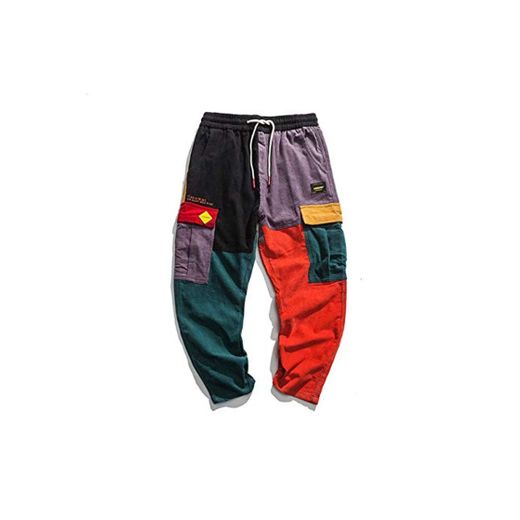 Loeay Pantalones causales de los Hombres Hip Hop Streetwear Pantalones de chándal de Bloques de Color Pantalones de Pana Pantalones de Cintura elástica Harem Patchwork Pant como Imagen L