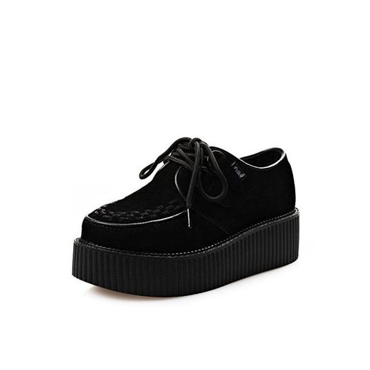 RoseG Zapatos Cordones Plataforma Gótico Punk Ante Creepers Mujer Negro Size38