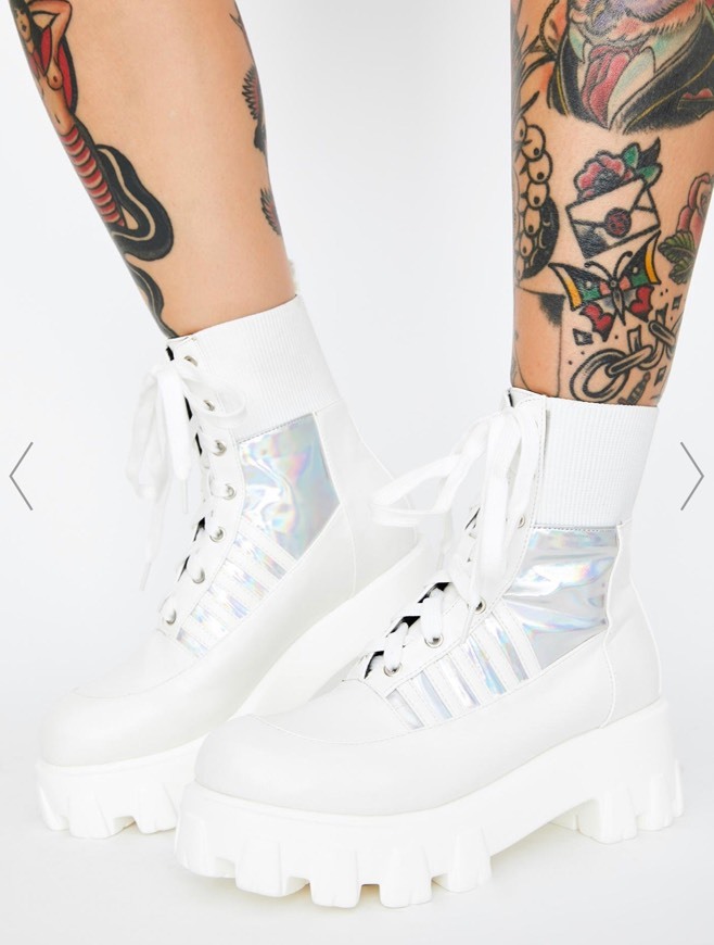 Ribbed Upper Lace-Up Holographic Chunky Platform Combat Boots ...