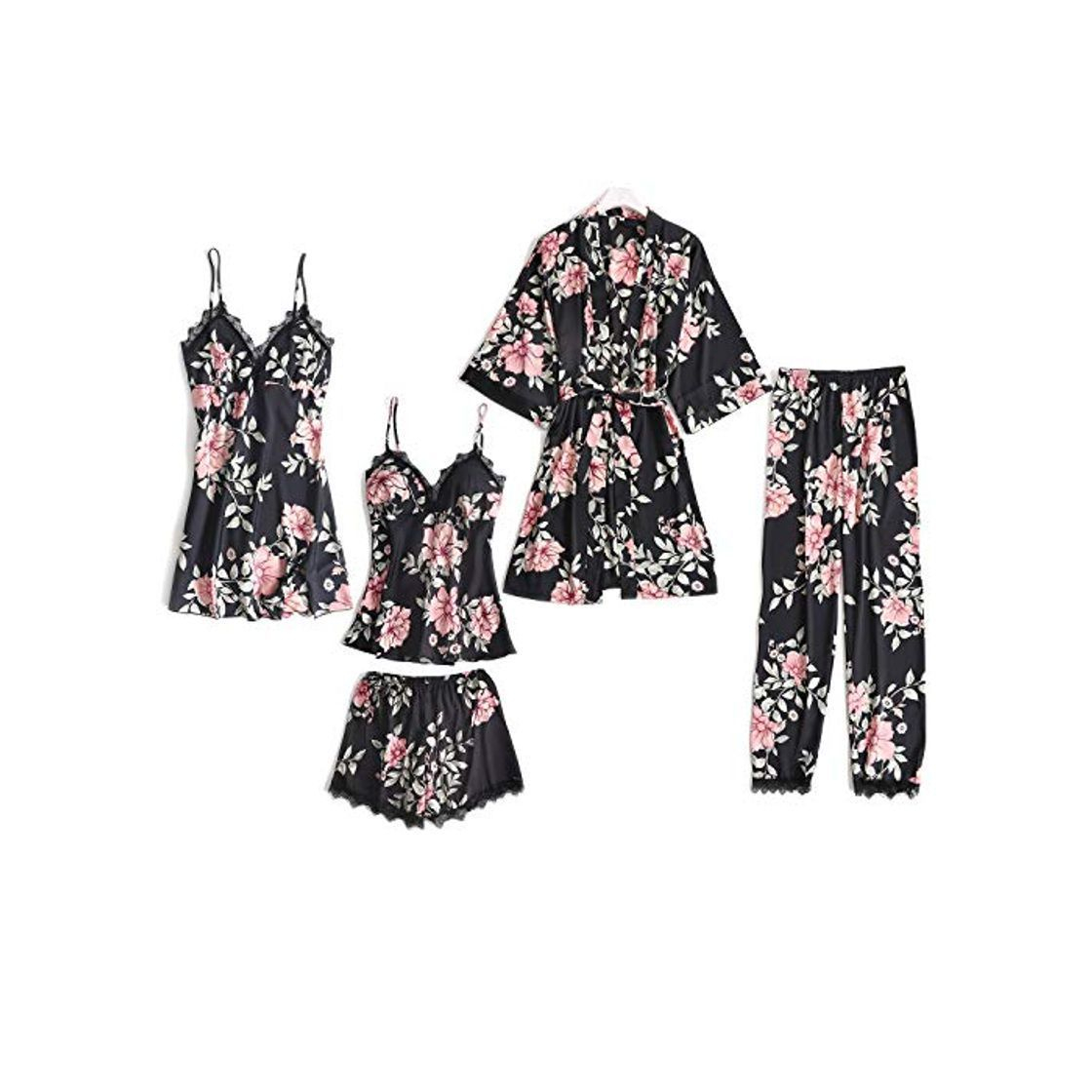 Producto Lachi 2/5PCS Kimono Mujer Pijama Saten Conjunto de Bata Camisón Floral para