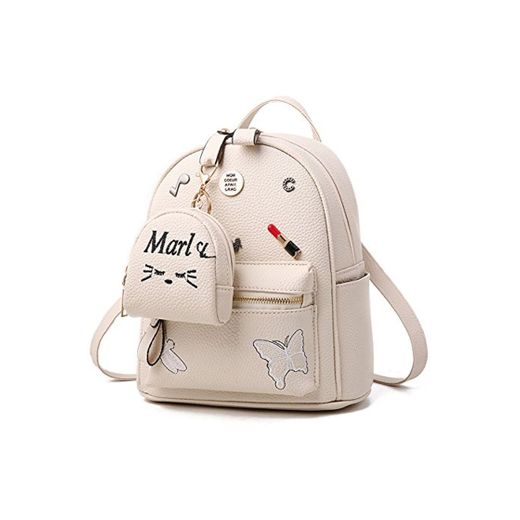 Flada niñas mochila PU cuero escuela bolsas mochila lindo Bookbag monedero con pequeño gato Monedero beige