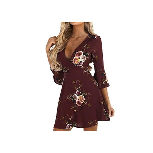 Fossen Mujer Vestido Corto de Fiesta Elegante Imprimir Floral Manga 3/4 Vestido