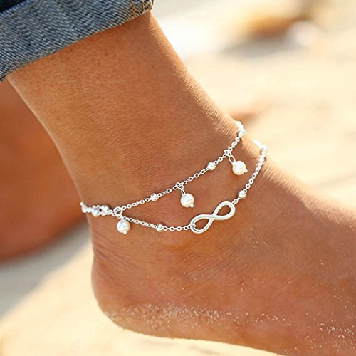 Social Simly - Tobillera de playa con perlas de imitación ajustable