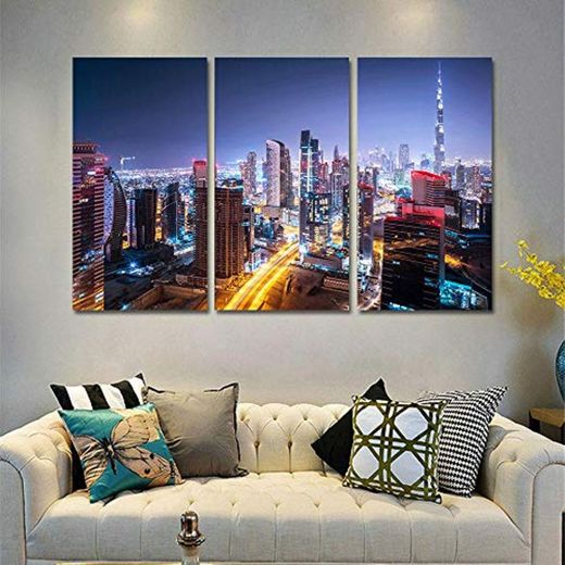 ysurehom Fotos Da Parede Da Arte da Lona Decoração de Casa Quadro 3 peças Dubai Construção Da Cidade Nightscape Pintura HD Imprime Torre Burj Khalifa Cartaz