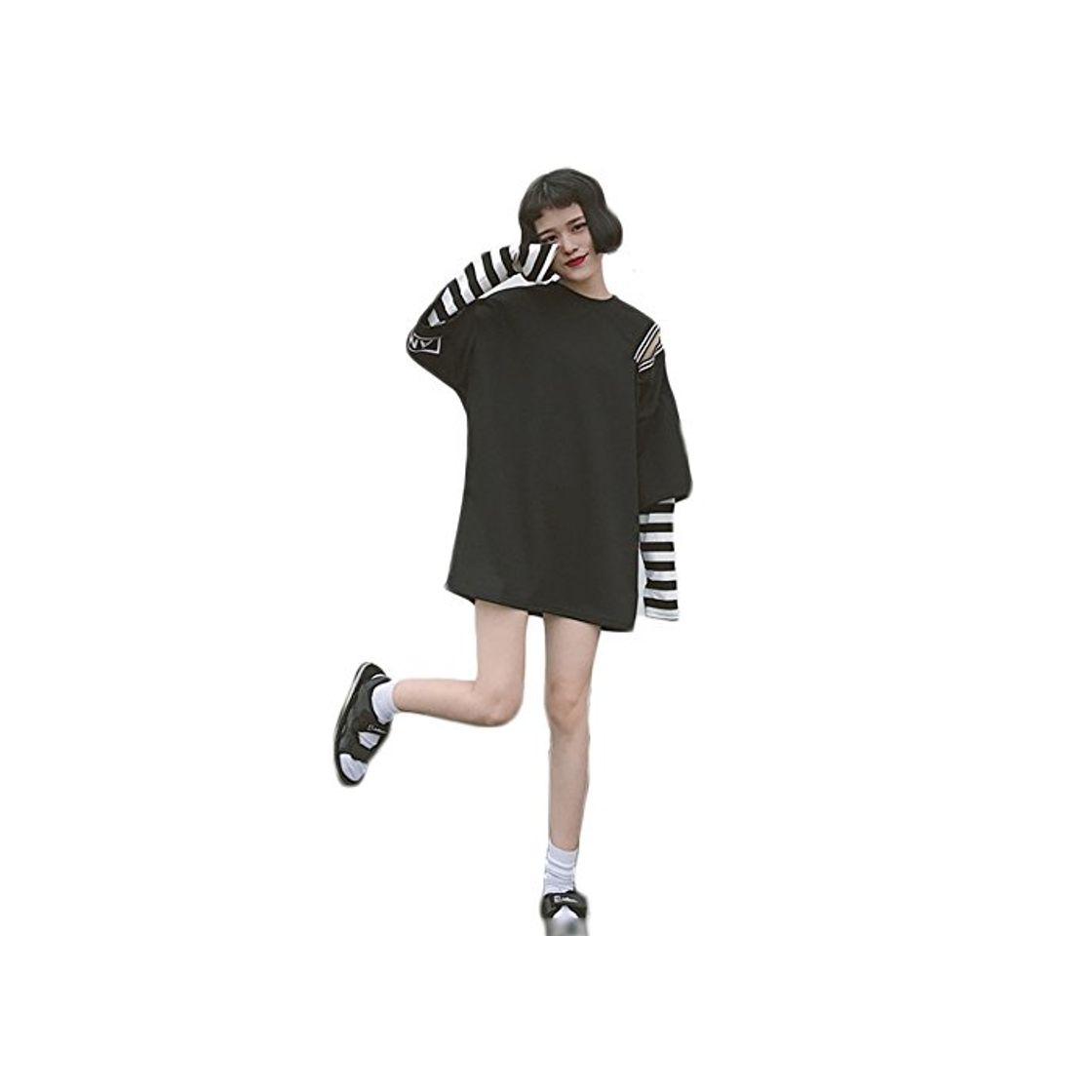 Social Harajuku Mujeres Stripe Dos Falsos de Piezas de Ropa de Manga Larga