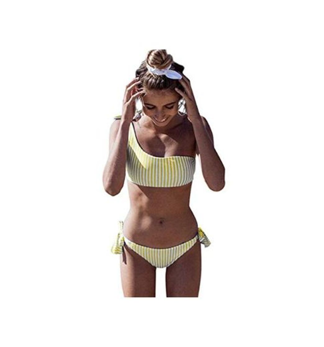 Social Yuson Girl Conjuntos De Bikini Rayas Talle Alto Retro Brasileños Mujer Sexy Traje De Baño Cuello Halter Strapless Off Shoulder Bra Top Bikini Push Up Anudado Tanga Braga Bikini Triangulo Alta