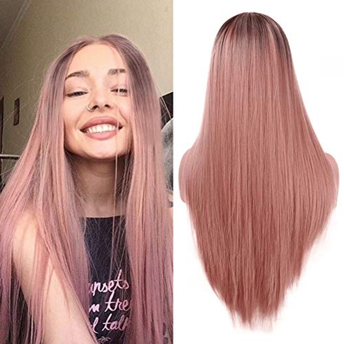 Social Larga naranja rosa recta peluca moda 2 tono resistente al calor sintético