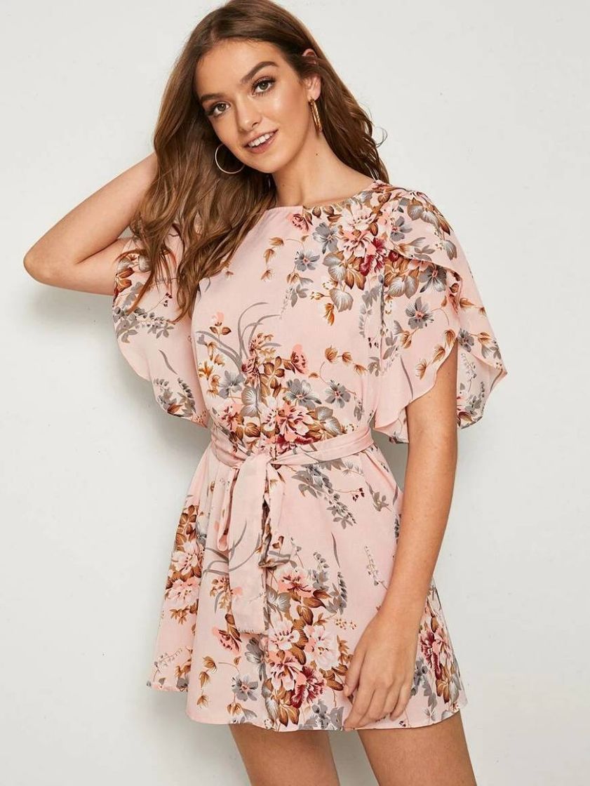 Social Vestido estampado floral con cinturón de manga con abertura 