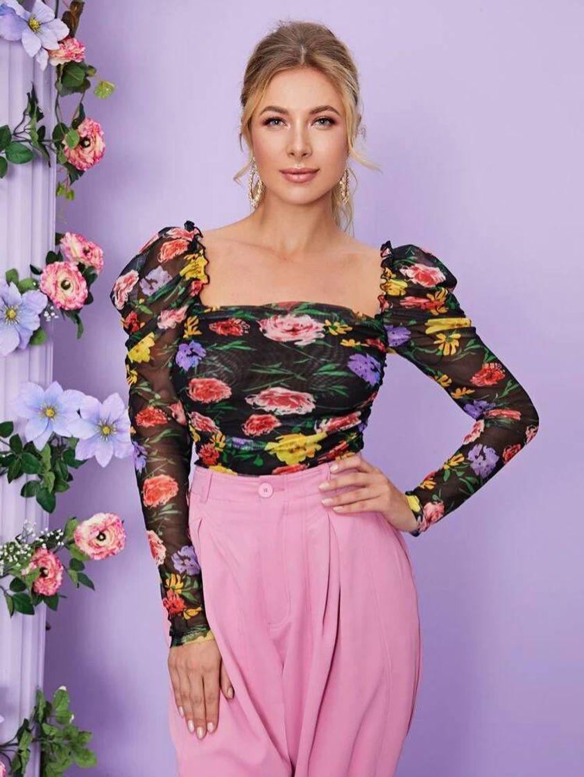 Social Top floral de malla fruncido de manga gigot ribete fruncido 