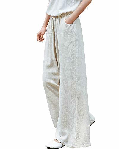 Producto Mujeres Pantalones Largos Pierna Ancha Lino Vintage Cintura Alta Elástico Beige