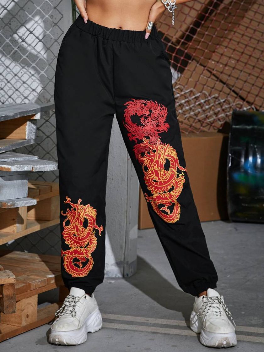 Moda Pantalones con estampado de dragon 