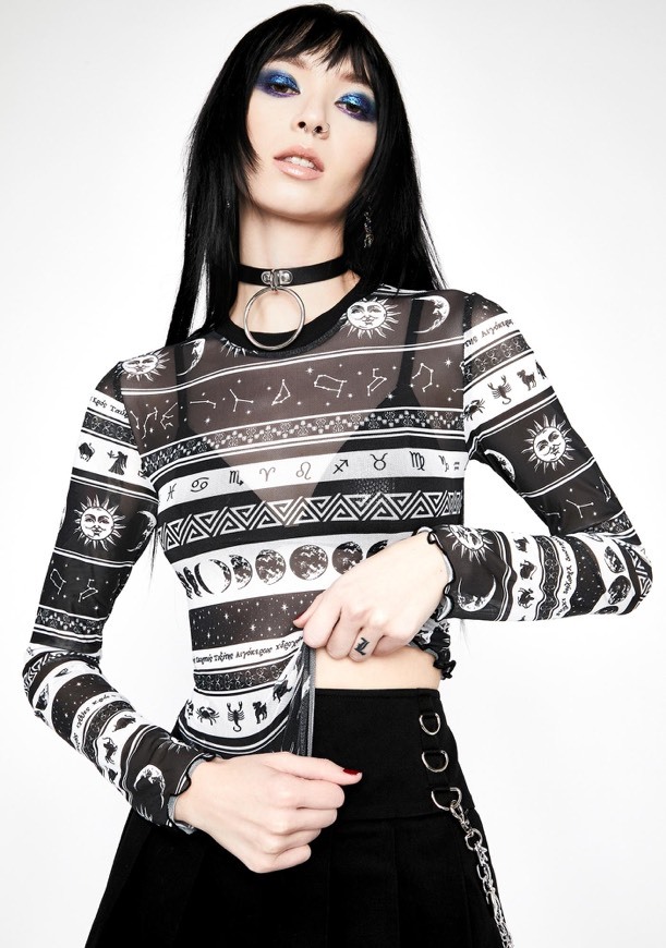 Moda Horoscopez Striped Celestial Print Mesh Long Sleeve Top- Black .